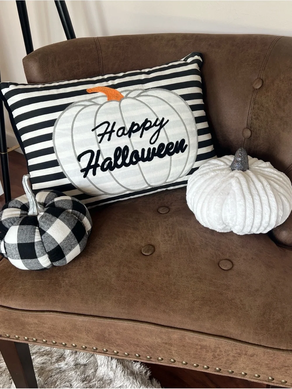 Happy Halloween White & Black Striped Decorative Pillow and Pumpkins
